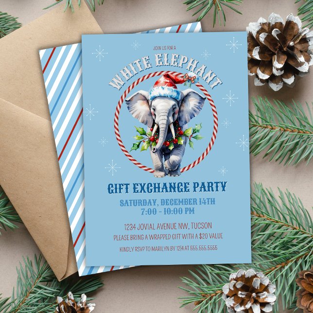 Invitation Élégant Blue Holiday White Elephant Échange de cad (Light Baby Blue White Elephant Christmas party gift exchange party invitations with holly and candy)