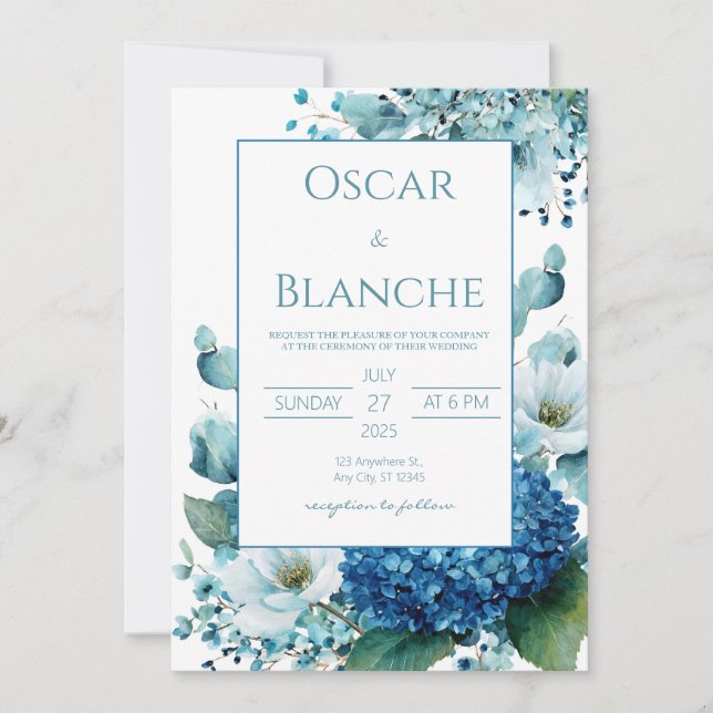 Invitation Elegant Blue Hydrangea Anemone Watercolor Wedding (Devant)