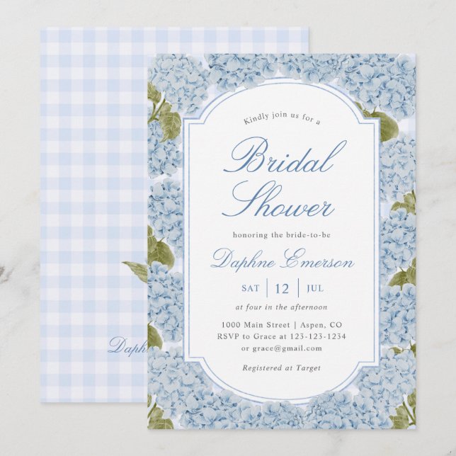 Invitation Elegant Blue Hydrangea Bridal Shower (Devant / Derrière)