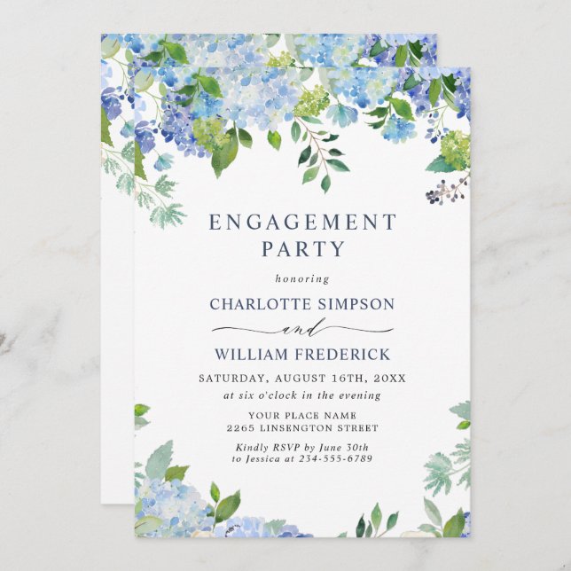 Invitation Élégant Blue Hydrangea Floral ENGAGEMENT PARTY (Devant / Derrière)