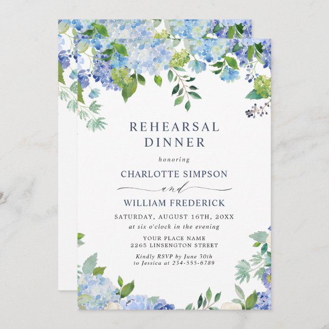 Invitation Elégant Blue Hydrangea Floral REHEARSAL DINNER (Devant / Derrière)