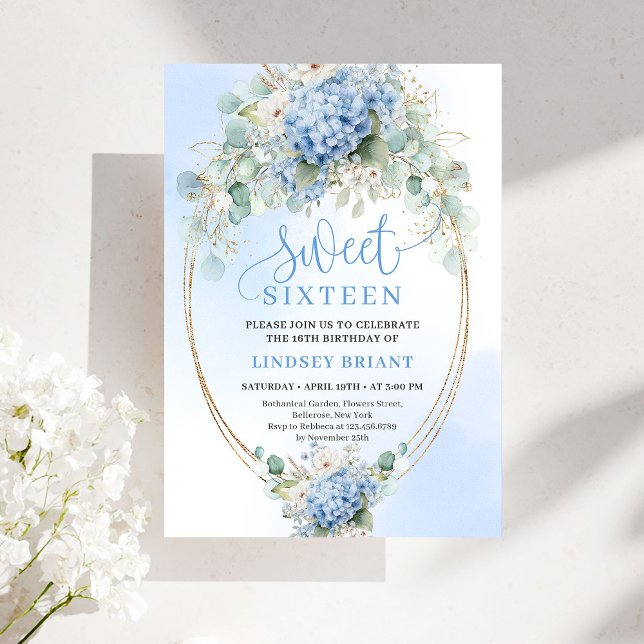Invitation Elegant Blue Hydrangea Gold Script 16th Birthday (Elegant Blue Hydrangea Gold Script 16th Birthday Invitation)