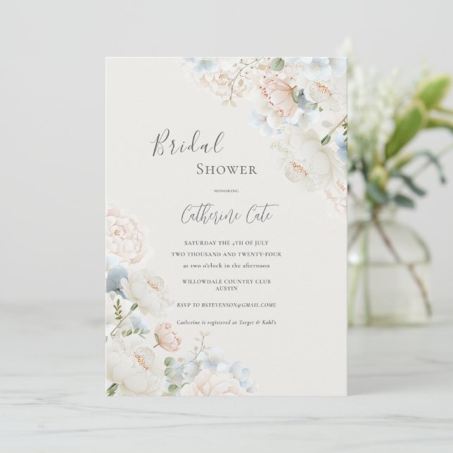 Invitation Elegant Blue Hydrangea Peonies Bridal Shower  (Debout devant)