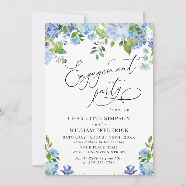 Invitation Elégant Blue Hydrangea Watercolor ENGAGEMENT PARTI (Devant)