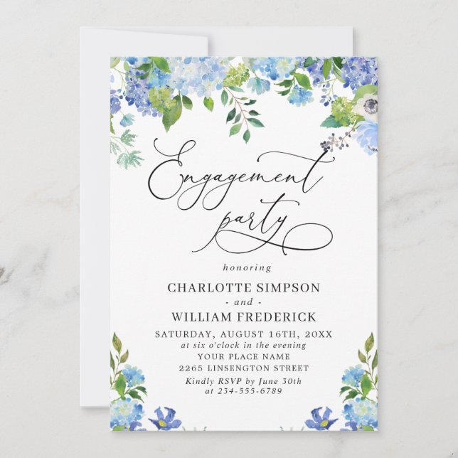 Invitation Elégant Blue Hydrangea Watercolor ENGAGEMENT PARTI (Devant)