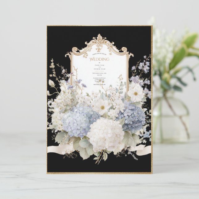 Invitation Elegant Blue Hydrangeas Black Vintage Wedding (Debout devant)