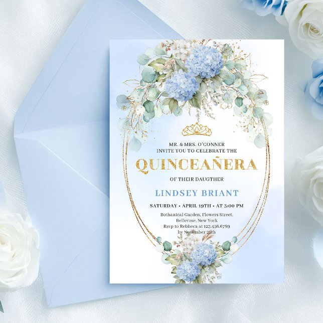 Invitation Elegant Blue Hydrangeas Gold Quinceañera Invite (Elegant Blue Hydrangeas Gold Quinceañera Invite)