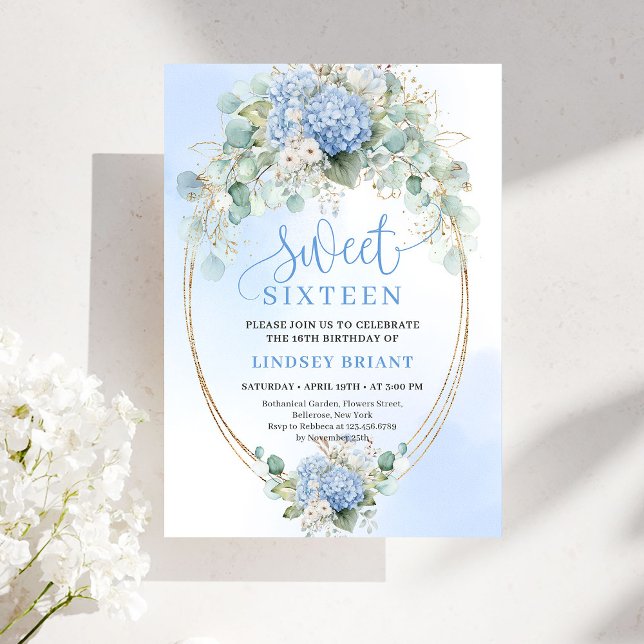 Invitation Elegant Blue Hydrangeas Gold Sweet Sixteen Invite (Elegant Blue Hydrangeas Gold Sweet Sixteen Invite)