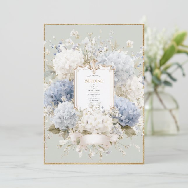 Invitation Elegant Blue Hydrangeas Sage Vintage Wedding (Debout devant)