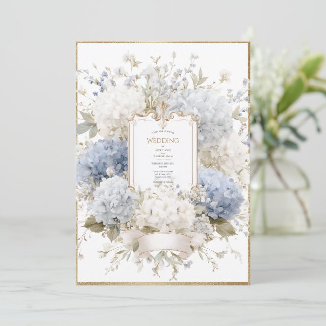Invitation Elegant Blue Hydrangeas Vintage Budget Wedding (Debout devant)