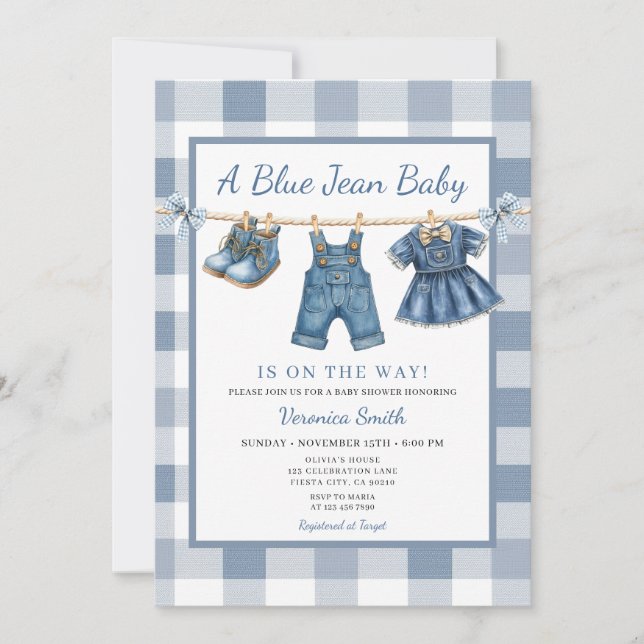 Invitation Elegant Blue Jean Clothesline Denim Baby Shower (Devant)