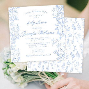Invitation Elégant Blue Line Art Woodland Baby Boy Douche