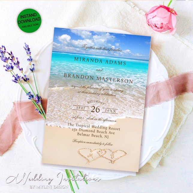 Invitation Elégant Blue Ocean Tropical Beach Mariage (Créateur téléchargé)