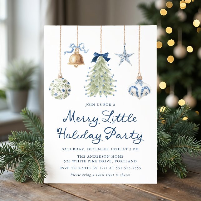 Invitation Elegant Blue Ornaments Merry Little Holiday Party (Créateur téléchargé)