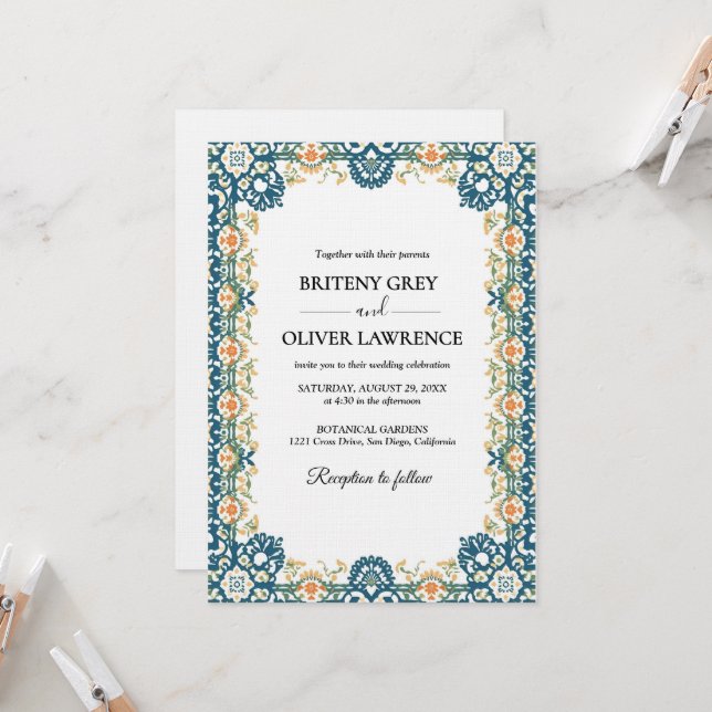 Invitation Elegant Blue Papel Picado weeding (Devant/Arrière en situation)