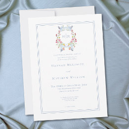 Invitation Elegant Blue Pastel Wildflower Regal Crest Wedding