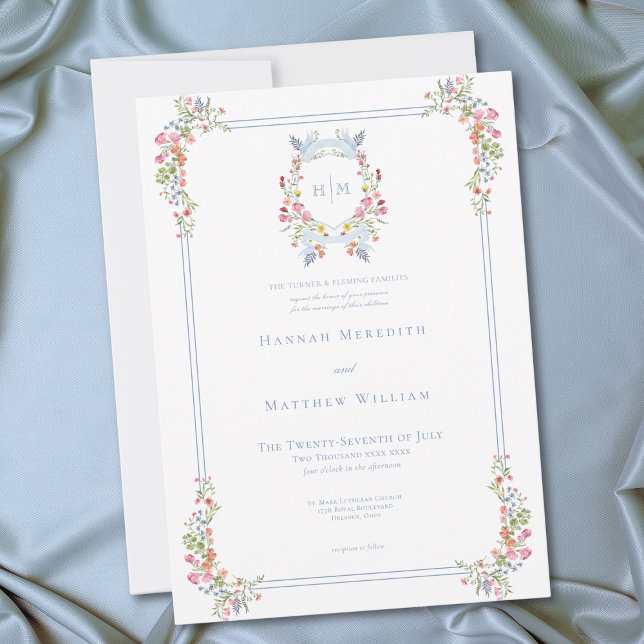 Invitation Elegant Blue Pastel Wildflower Regal Crest Wedding (Elegant Blue Pastel Wildflower Regal Crest Wedding Invitation)