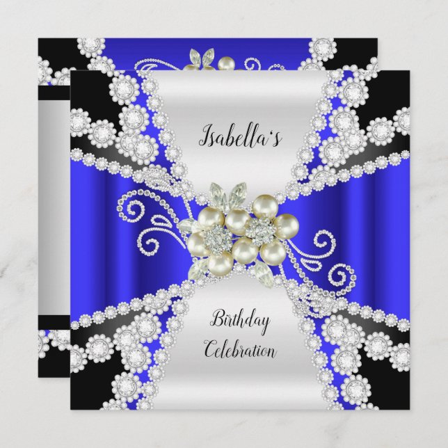 Invitation Elégant Blue Pearl Black White Diamond Anniversair (Devant / Derrière)