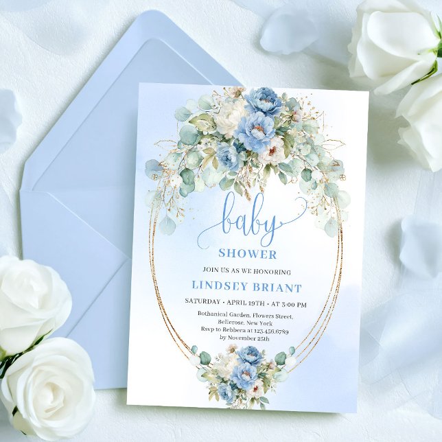 Invitation Elegant Blue Peonies Greenery Gold Baby Shower  (Elegant Blue Peonies Greenery Gold Baby Shower Invitation)