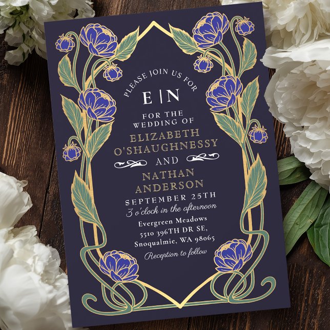Invitation Elégant Blue Peony Art Nouveau Floral Mariage (Créateur téléchargé)