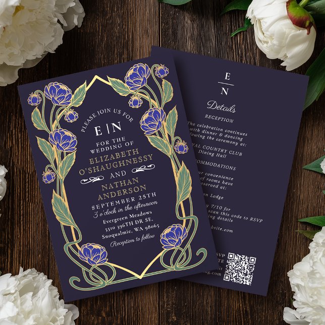 Invitation Elegant Blue Peony Art Nouveau QR Code Wedding (Créateur téléchargé)