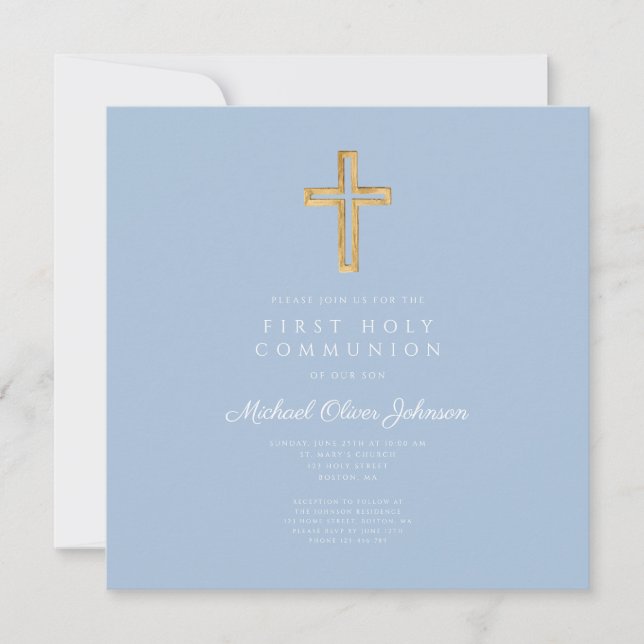 Invitation Elegant Blue Religious Cross Boy First Communion (Devant)