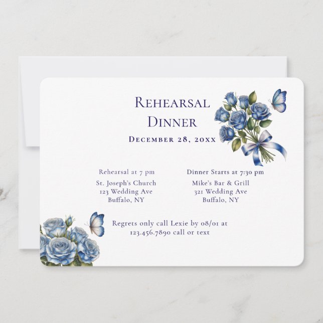 Invitation Elegant Blue Roses Silver Rehearsal Dinner (Devant)