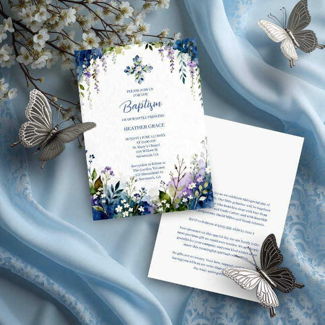 Invitation Elegant Blue Shades Floral Frame Arch Baptisme (Elegant Digital Watercolor Blue Shades Floral Frame Arch Shape Baptism Invitation Cards. )