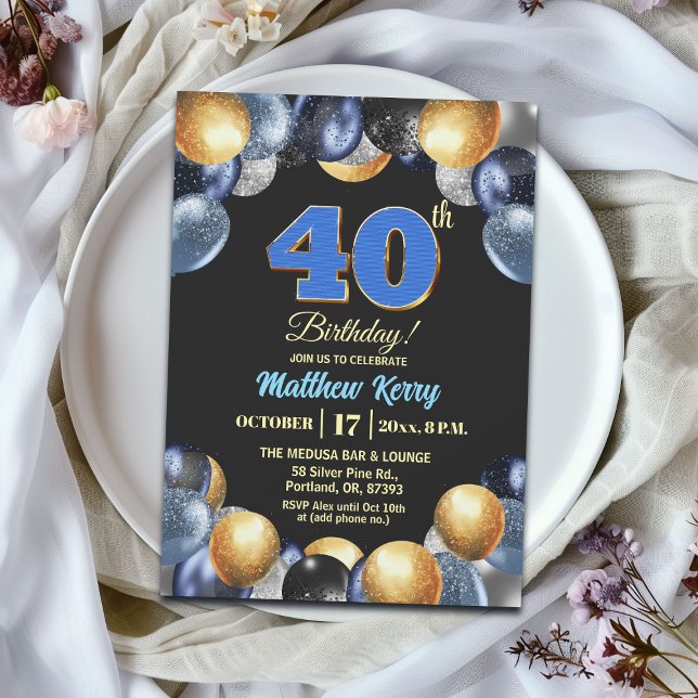 Invitation Elegant Blue Silver Gold 40th Birthday Party (Créateur téléchargé)