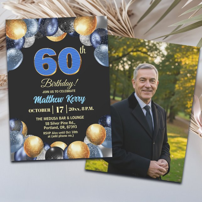 Invitation Elegant Blue Silver Gold 60th Birthday Photo (Créateur téléchargé)