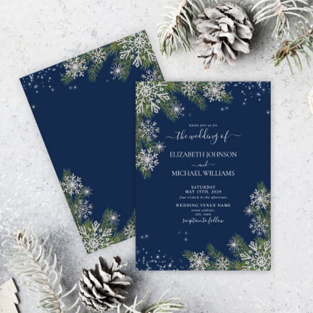 Invitation Elégant Blue Silver Snowflake Pine Hiver Mariage (Créateur téléchargé)
