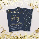 Invitation Elégant Blue String moderne de lumières 60e annive<br><div class="desc">Elégante invitation de 60ème anniversaire avec des cordes de lumières et le mot "Sixty" en faux or contre un arrière - plan bleu foncé. La carte comprend un motif correspondant à l'arrière. Consultez d'autres éléments correspondants ici https://www.zazzle.com/collections/strings_of_lights_faux_gold_celebration_collection-119311942951401241?rf=238364477188679314 Personnalisez-le en remplaçant le texte de l'espace réservé pour ajouter vos informations. Pour...</div>