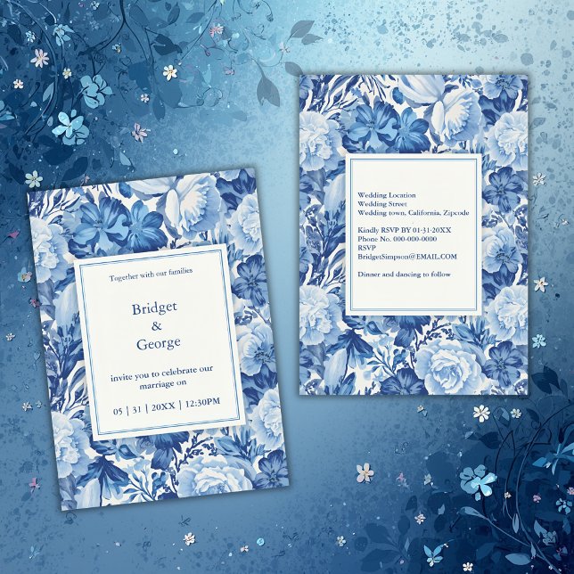 Invitation Elegant Blue Toile Floral Chinoiserie Wedding (Créateur téléchargé)