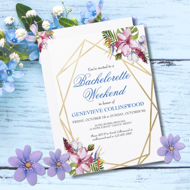 Invitation Elégant Blue Tropical Bachelorette Week-end (Elegant Blue Pink Tropical Floral Bachelorette Weekend Party Invitation)