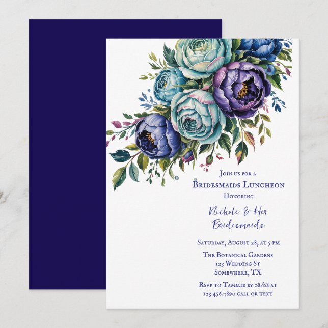 Invitation Élégant Blue Turquoise Floral Bridesmaids déjeuner (Devant / Derrière)