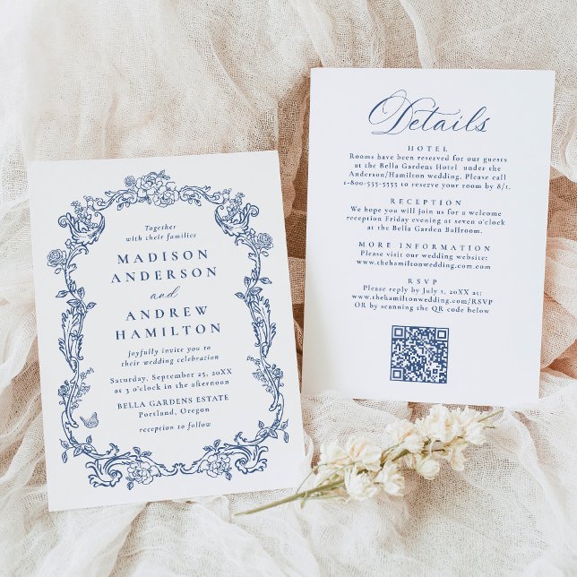 Invitation Elegant Blue Victorian Floral All in One Wedding (Créateur téléchargé)