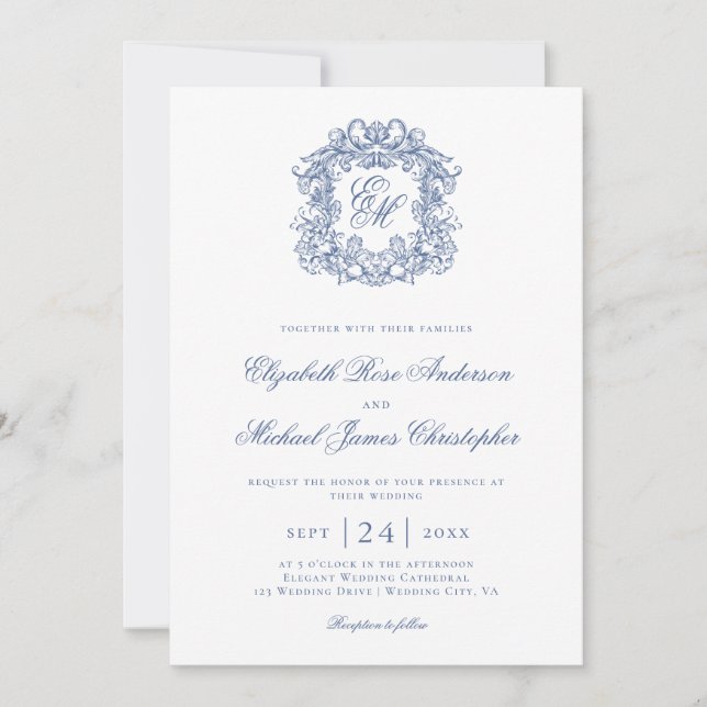 Invitation Elegant Blue Vintage Monogram Crest Wedding (Devant)