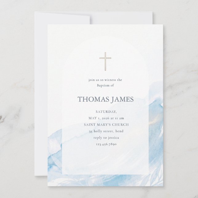 Invitation Elegant Blue Watercolor Arch Cross Religious  (Devant)