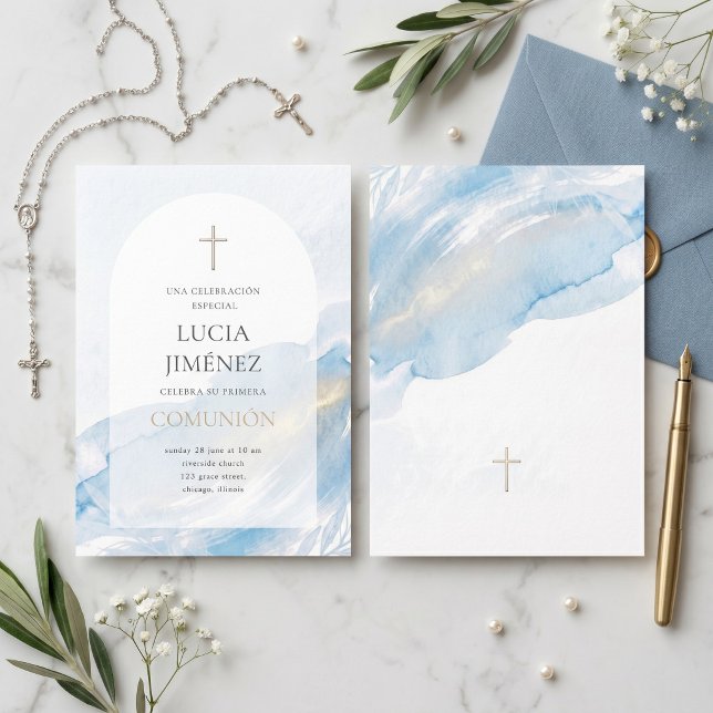 Invitation Elegant Blue Watercolor Arch First Communion (Elegant Blue Watercolor First Communion Invitation)