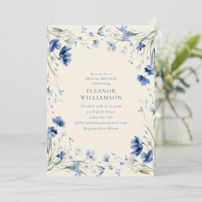 Invitation Elegant Blue Watercolor Floral Bridal Brunch (Debout devant)