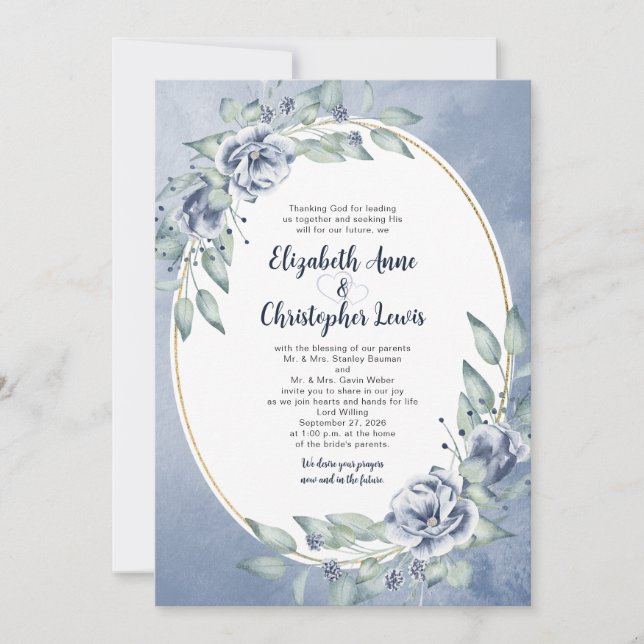 Invitation Elegant Blue Watercolor Floral Oval Frame Wedding (Devant)