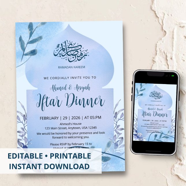 Invitation Elegant Blue Watercolor Islamic Iftar Dinner (Créateur téléchargé)