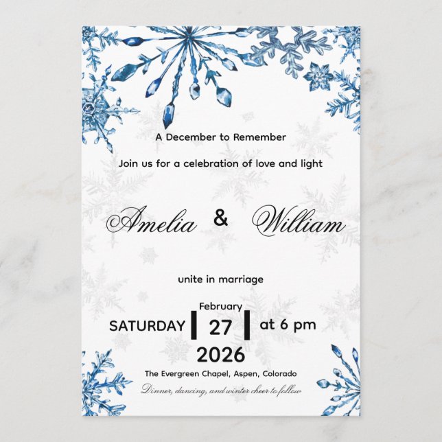 Invitation Elegant Blue Watercolor Snowflake Wedding Invite (Devant)