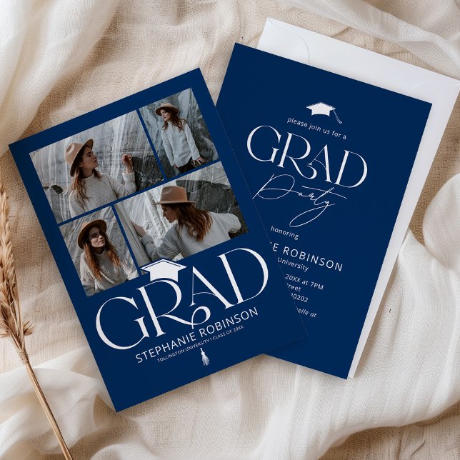 Invitation Elegant Blue & White 4 Photo Graduation Party (Créateur téléchargé)