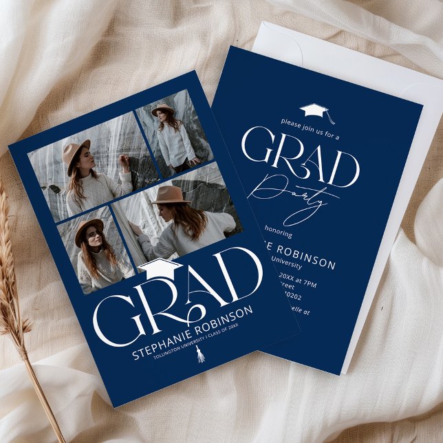 Invitation Elegant Blue & White 4 Photo Graduation Party (Créateur téléchargé)