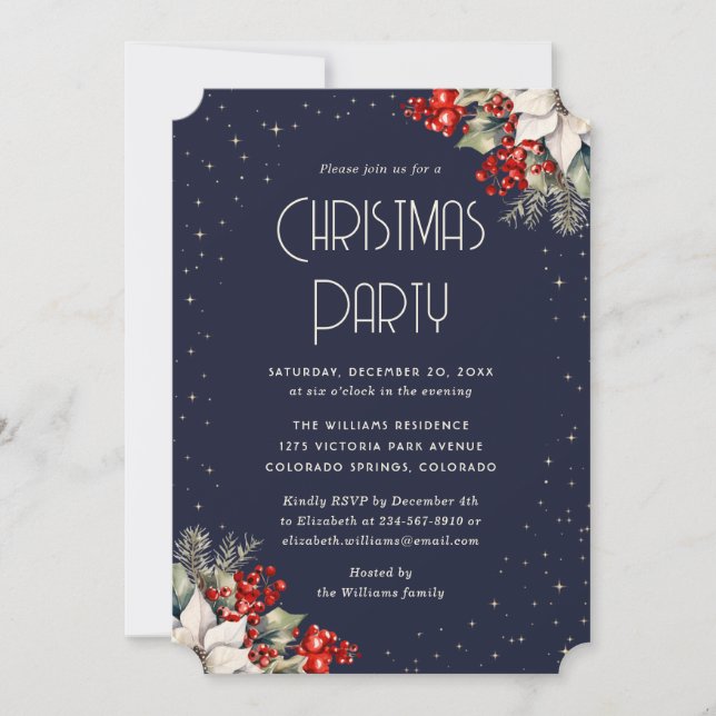 Invitation Elegant Blue White Poinsettia Christmas Party (Devant)