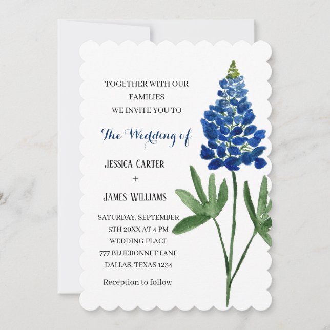 Invitation Elégant Bluebonnet Texas Aquarelle Floral Mariage (Devant)