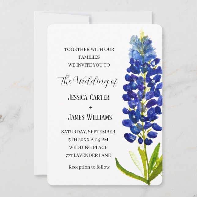 Invitation Elégant Bluebonnet Texas Aquarelle Floral Mariage (Devant)