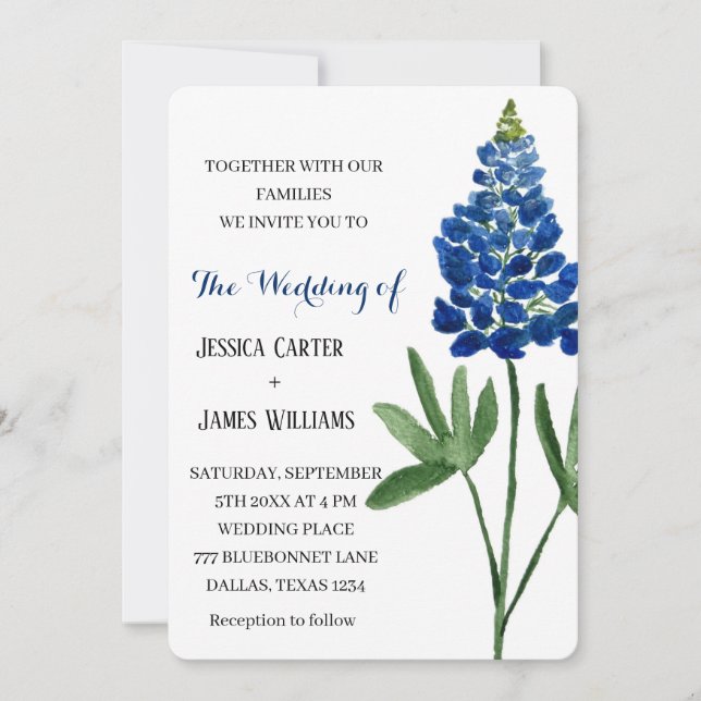 Invitation Elégant Bluebonnet Texas Aquarelle Floral Mariage (Devant)