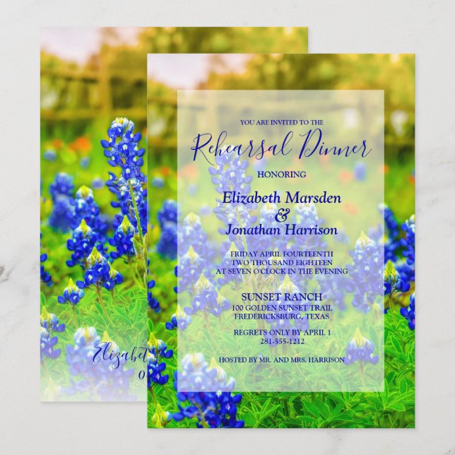 Invitation Elégant Bluebonnets Floral Photo Rehearer Dîner (Devant / Derrière)
